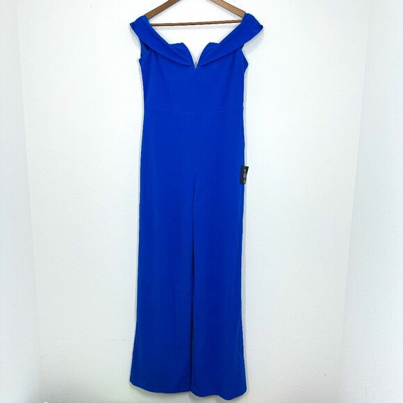 Lulus Pants - Lulus Size XL Cobalt Blue Off the Shoulder Plunge Wide Leg Jumpsuit NWT Wedding